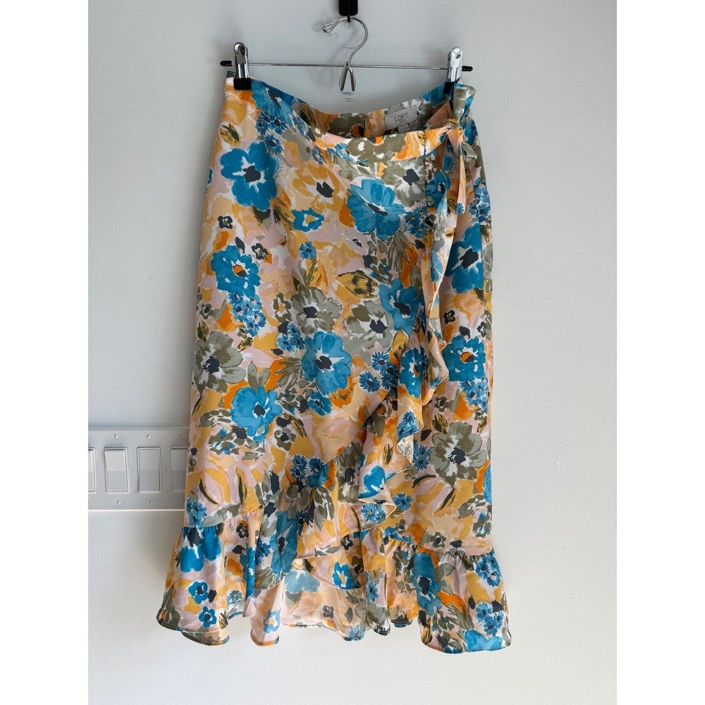 Loft Outlet Floral Ruffle Faux Wrap Midi Skirt Blue Orange Size 8 NEW
